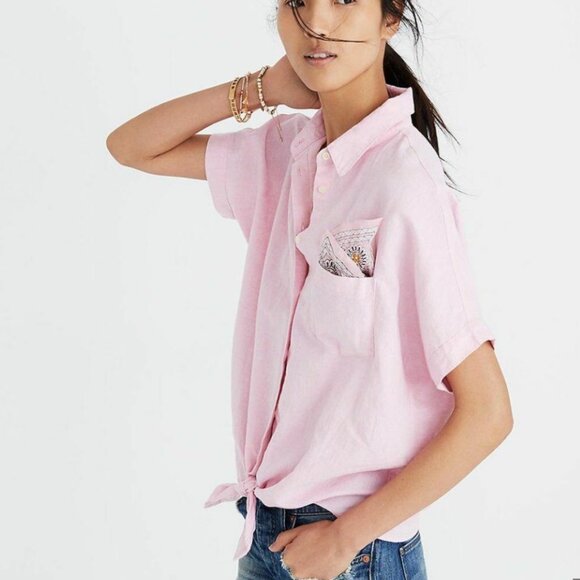 Madewell Pink Tie Front Linen Shirt - Picture 1 of 5